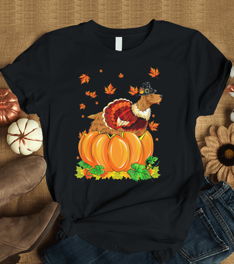 Thanksgiving Cocker Spaniel Dog with Turkey Feathers and Pilgrim Hat on Pumpkin with Autumn Leaves T-Shirt