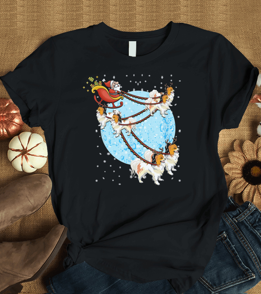 Santa Claus Sleigh Pulled by Papillon Dogs Under Starry Sky and Full Moon T-Shirt