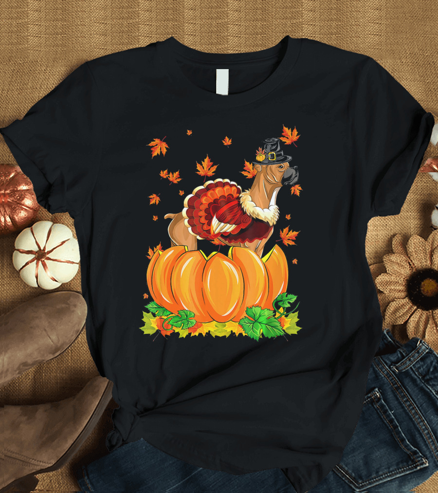 Thanksgiving Boxer Dog with Turkey Costume and Pilgrim Hat in Autumn Leaves and Pumpkin Patch T-Shirt