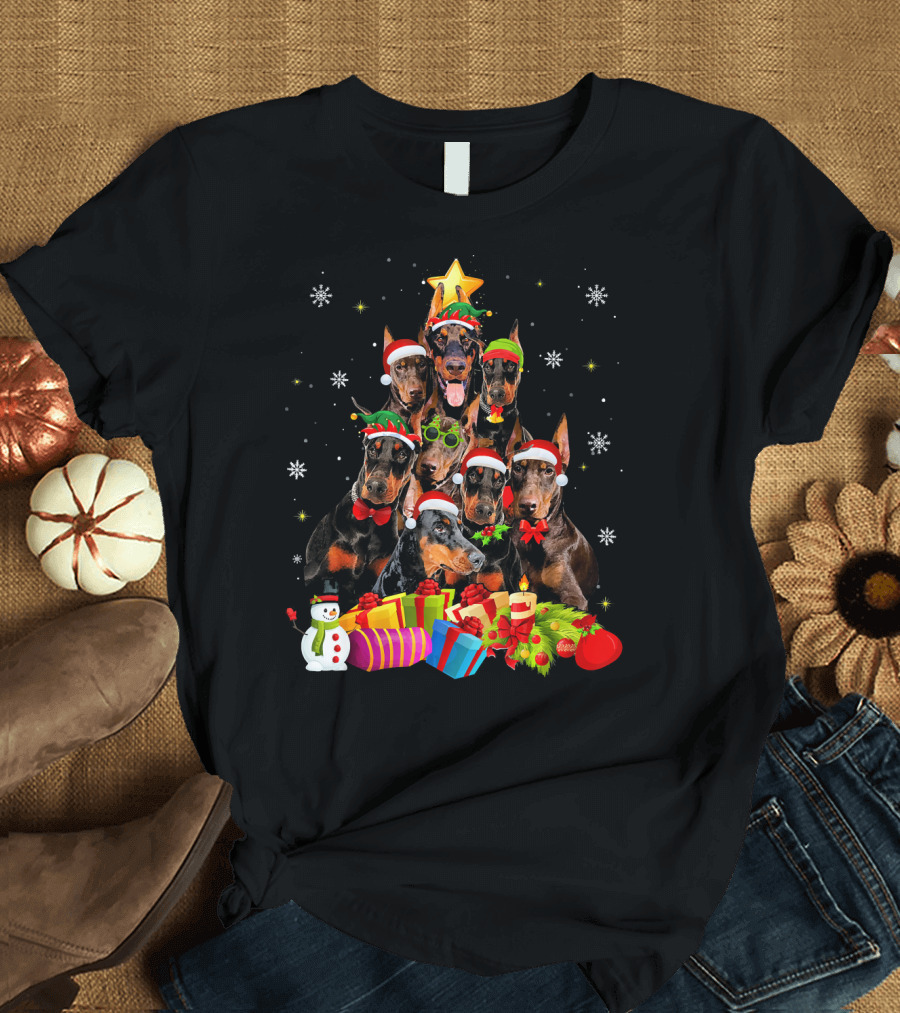 Funny Doberman Christmas Tree with Santa Hats and Snowflakes T-Shirt