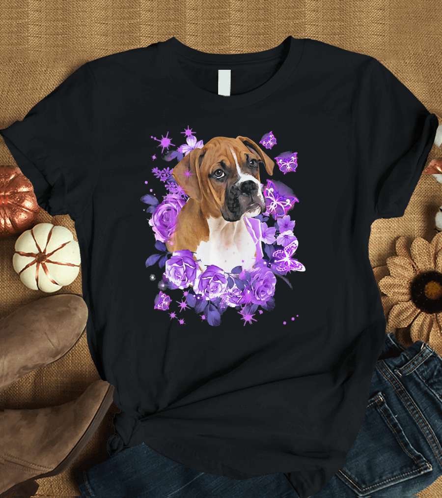 Cute Boxer Dog with Purple Flowers and Butterflies for Woman Lover T-Shirt