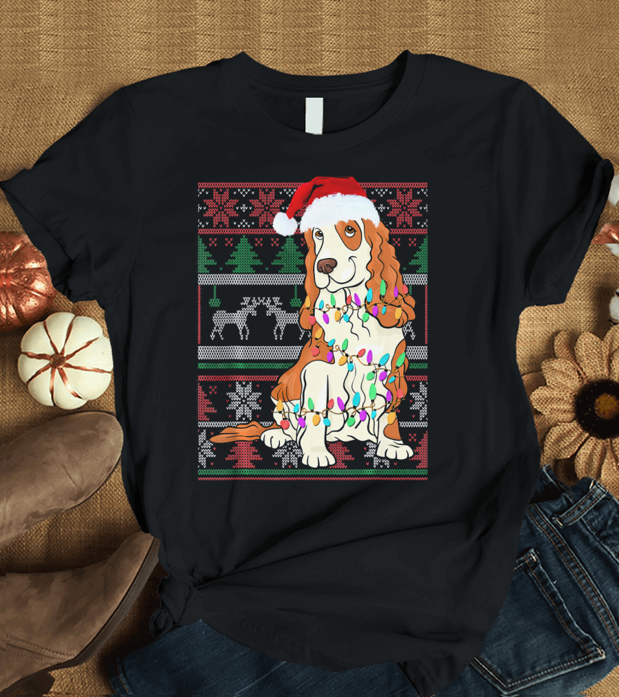 Cocker Spaniel Christmas Lights Santa Hat Holiday T-Shirt