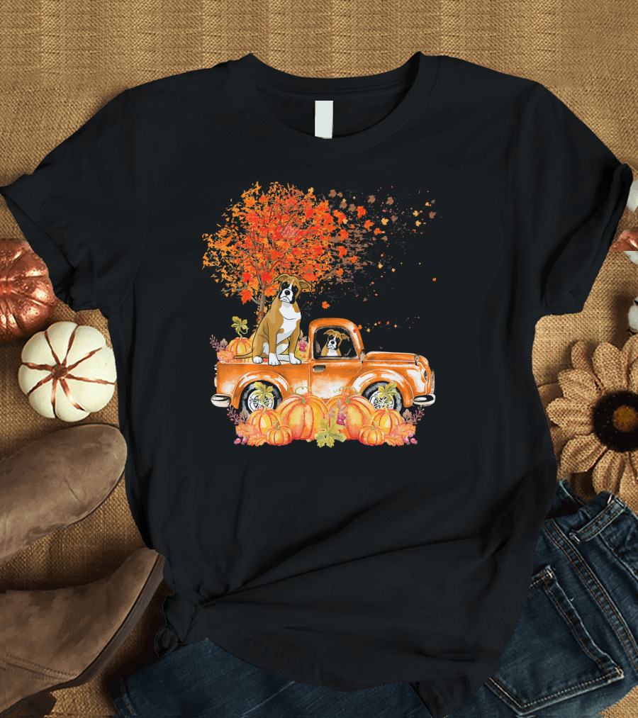 Boxer Dog on Orange Truck with Pumpkins and Autumn Leaves T-Shirt