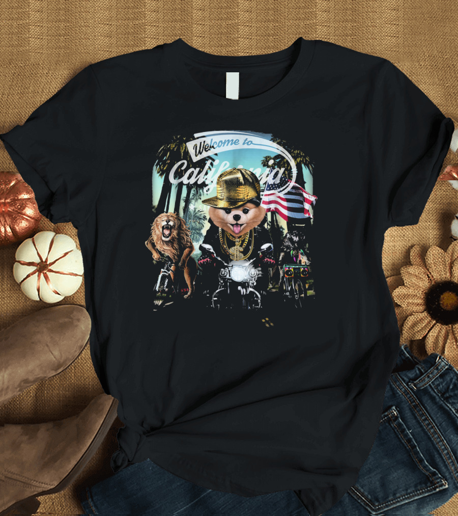 Welcome to California Pomeranian Dog Biker with Lion and Flag T-Shirt