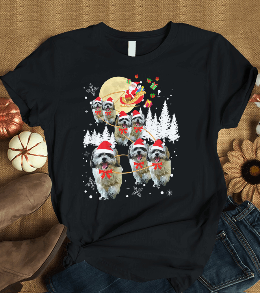 Shih Tzu Santa Sleigh Reindeer Christmas Moon Snowflakes T-Shirt