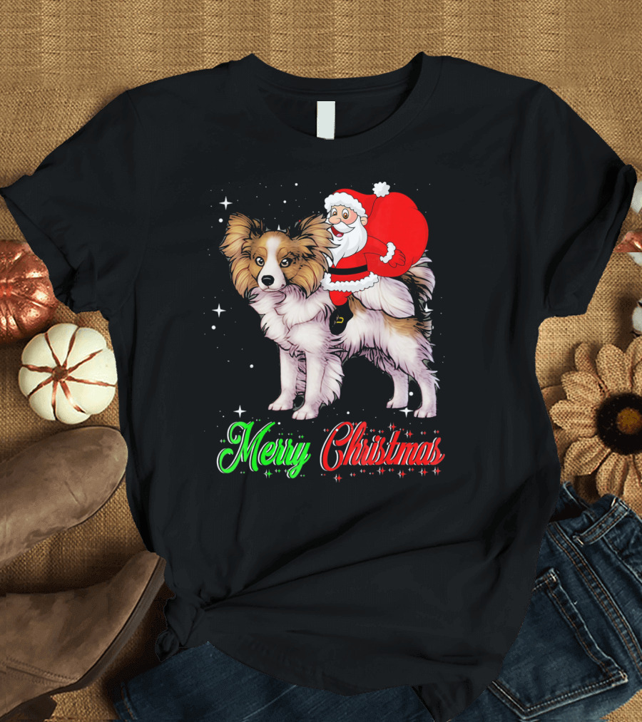 Merry Christmas Santa Riding Papillon T-Shirt