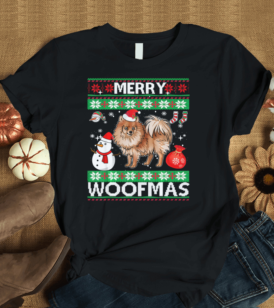 Merry Woofmas Pomeranian Dog Christmas Snowman Santa Hat T-Shirt