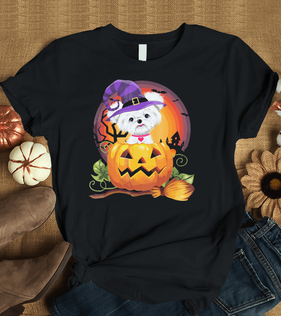 Maltese Dog in Witch Hat with Pumpkin Halloween Scene T-Shirt