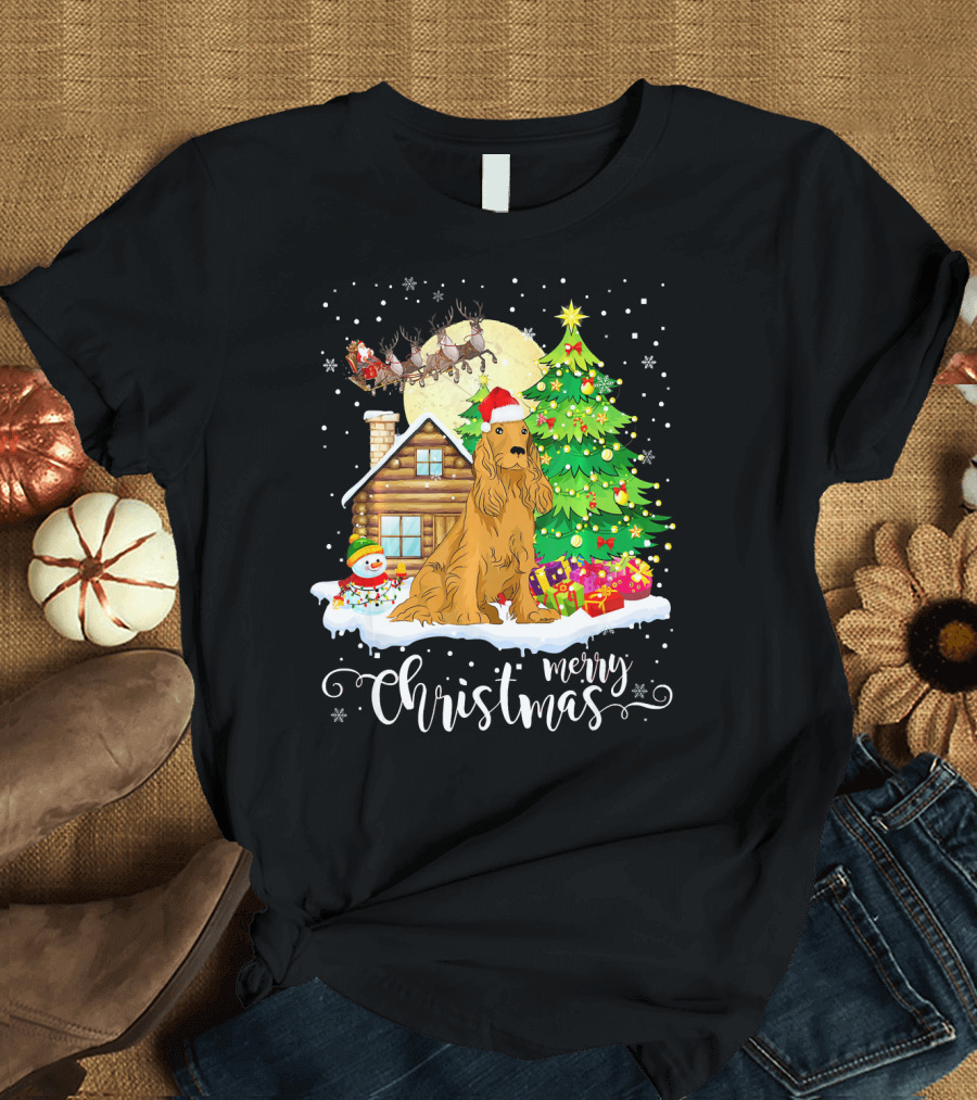 Merry Christmas Cocker Spaniel Santa Snowman Tree Cabin Moon T-Shirt