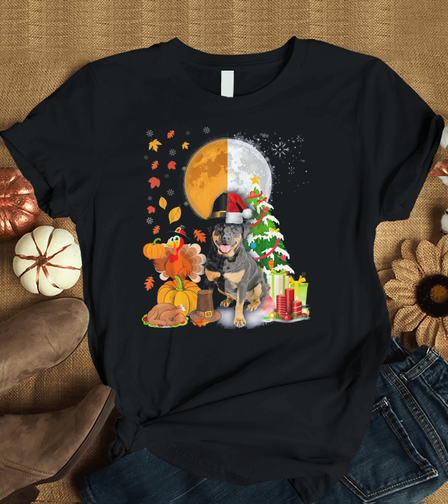 Happy Thanksgiving Merry Christmas Rottweiler Dog with Santa Hat Pumpkin Gifts Turkey and Tree T-Shirt