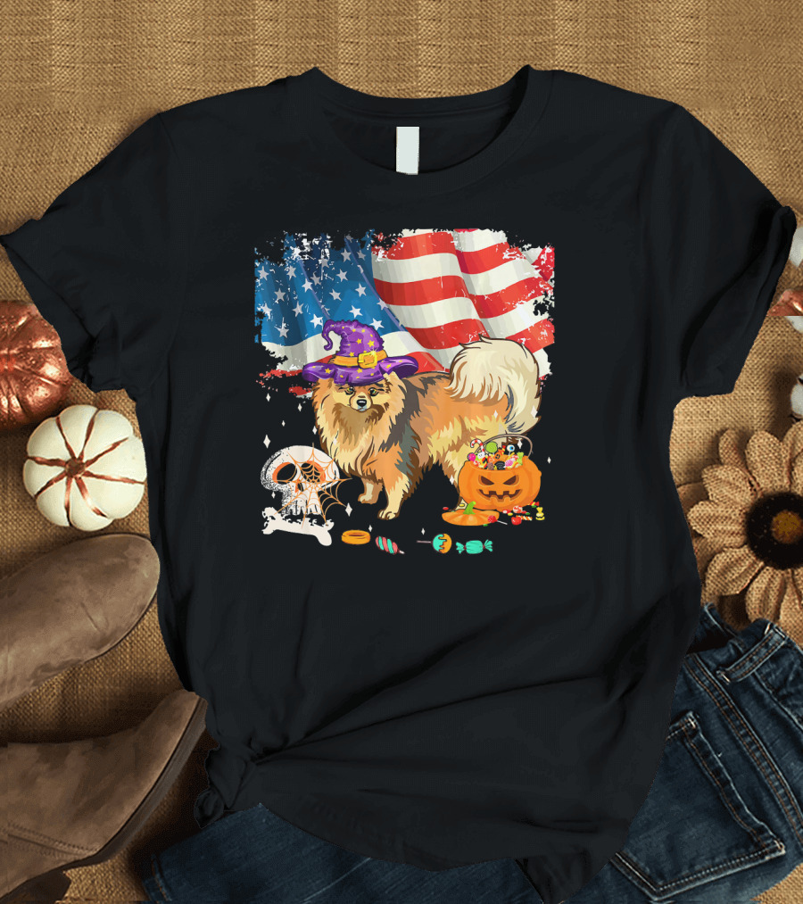 Pomeranian Halloween Dog with Witch Hat and Candy Over American Flag T-Shirt