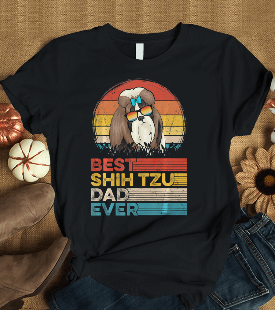 Best Shih Tzu Dad Ever Vintage Dog Sunglasses Retro Sunset Bowtie T-Shirt