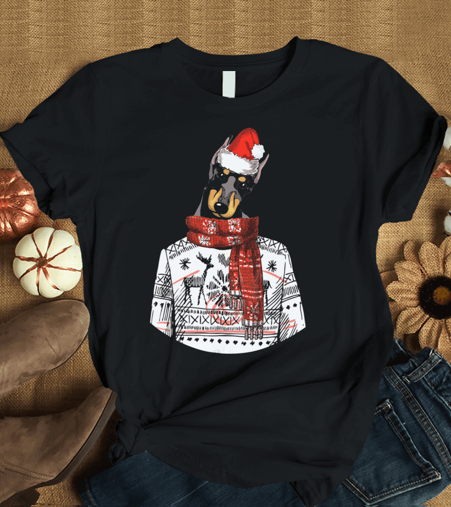 Ugly Christmas Sweater Doberman Dog with Santa Hat T-Shirt