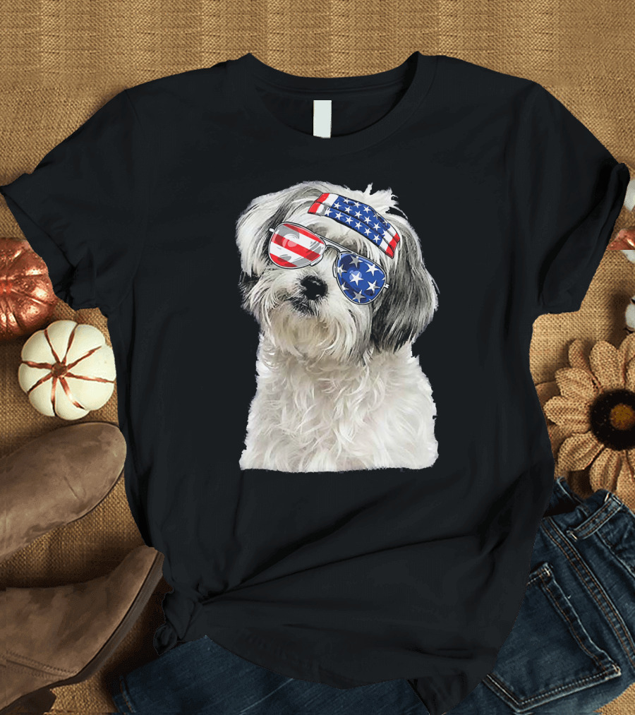 Patriotic American Flag Shih Tzu Sunglasses Bandana T-Shirt