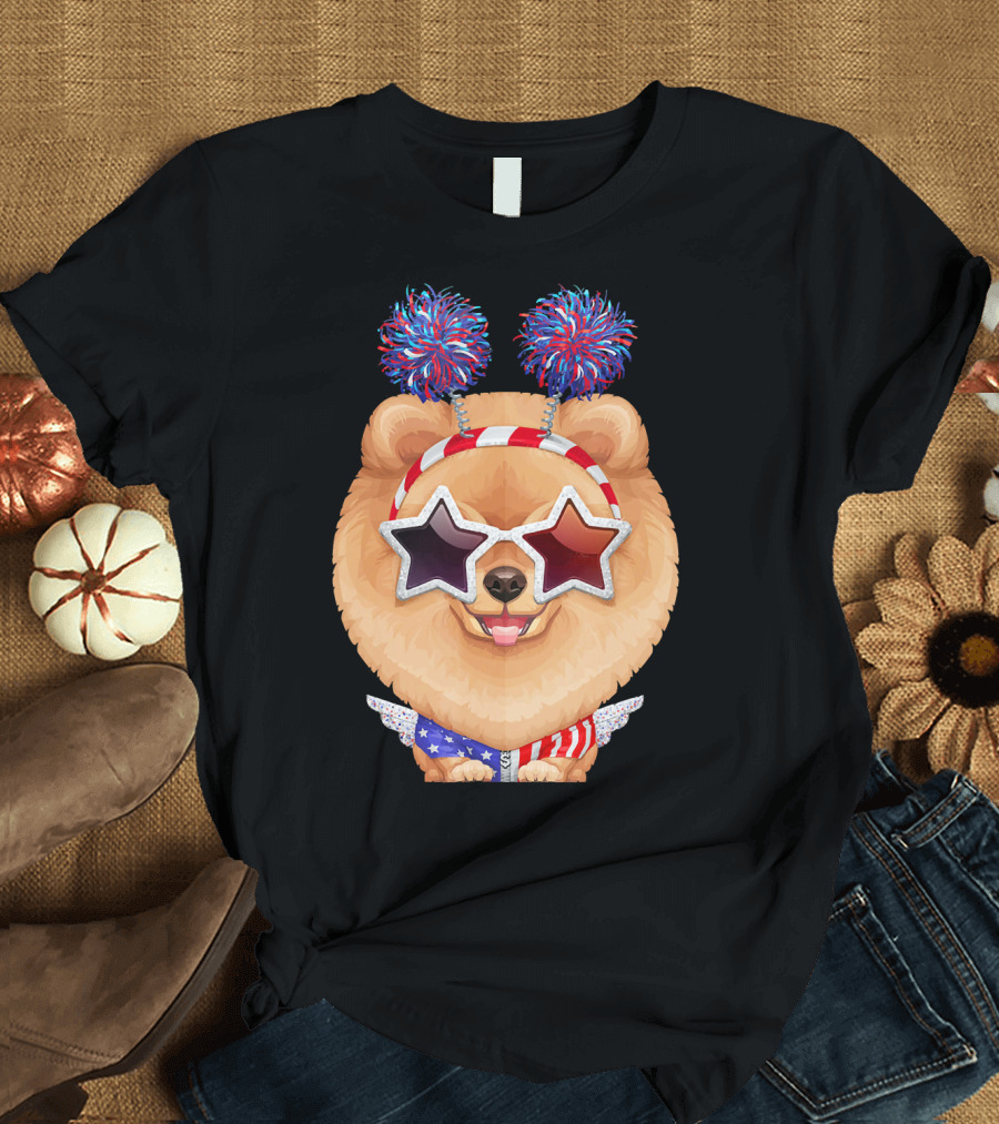 Orange Pomeranian Star Glasses Red White Blue Pom-Poms Stripes T-Shirt