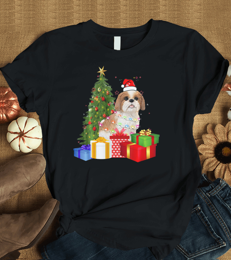Santa Shih Tzu Dog Wrapped in Christmas Tree Lights with Presents T-Shirt