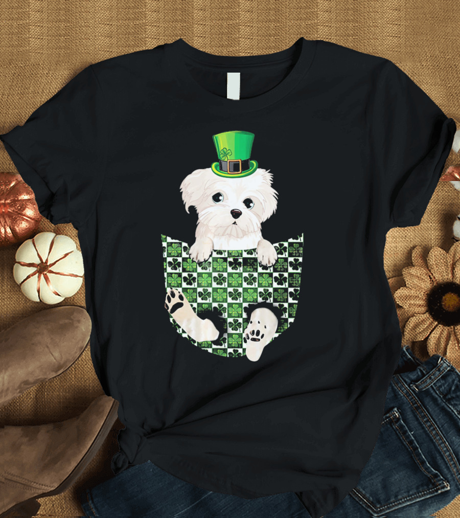 Maltese Pocket Patrick Hat Green Shamrock Checkerboard T-Shirt