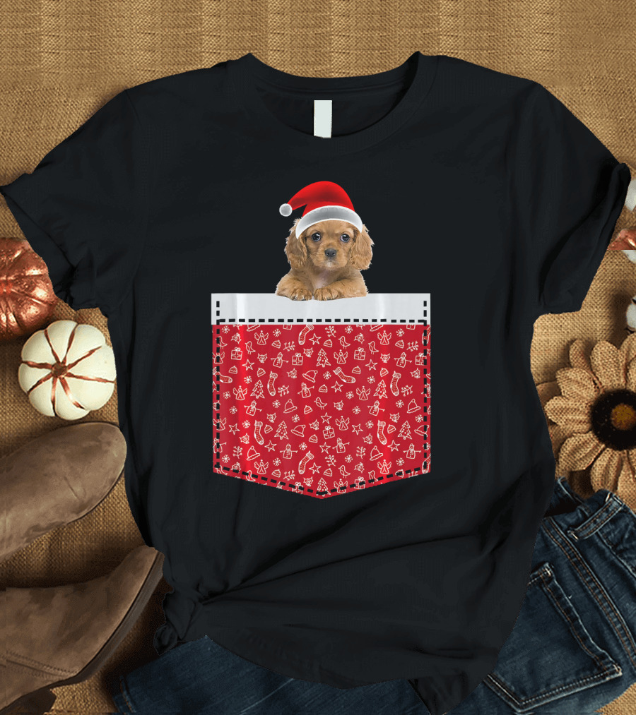 American Cocker Spaniel Christmas Santa Hat Pocket Dog In Inside T-Shirt