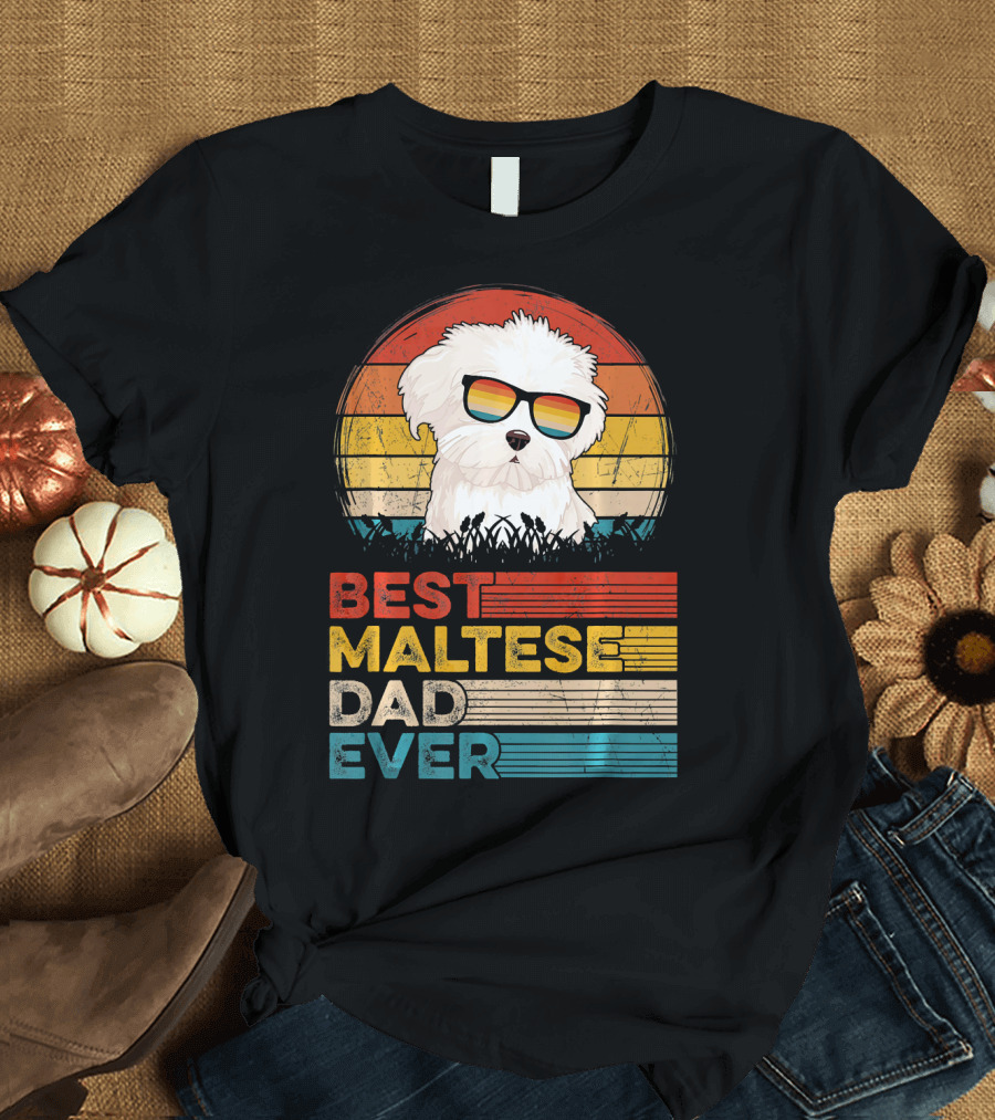 Best Maltese Dad Ever Dog Vintage Style with Sunglasses on Sunset Background T-Shirt