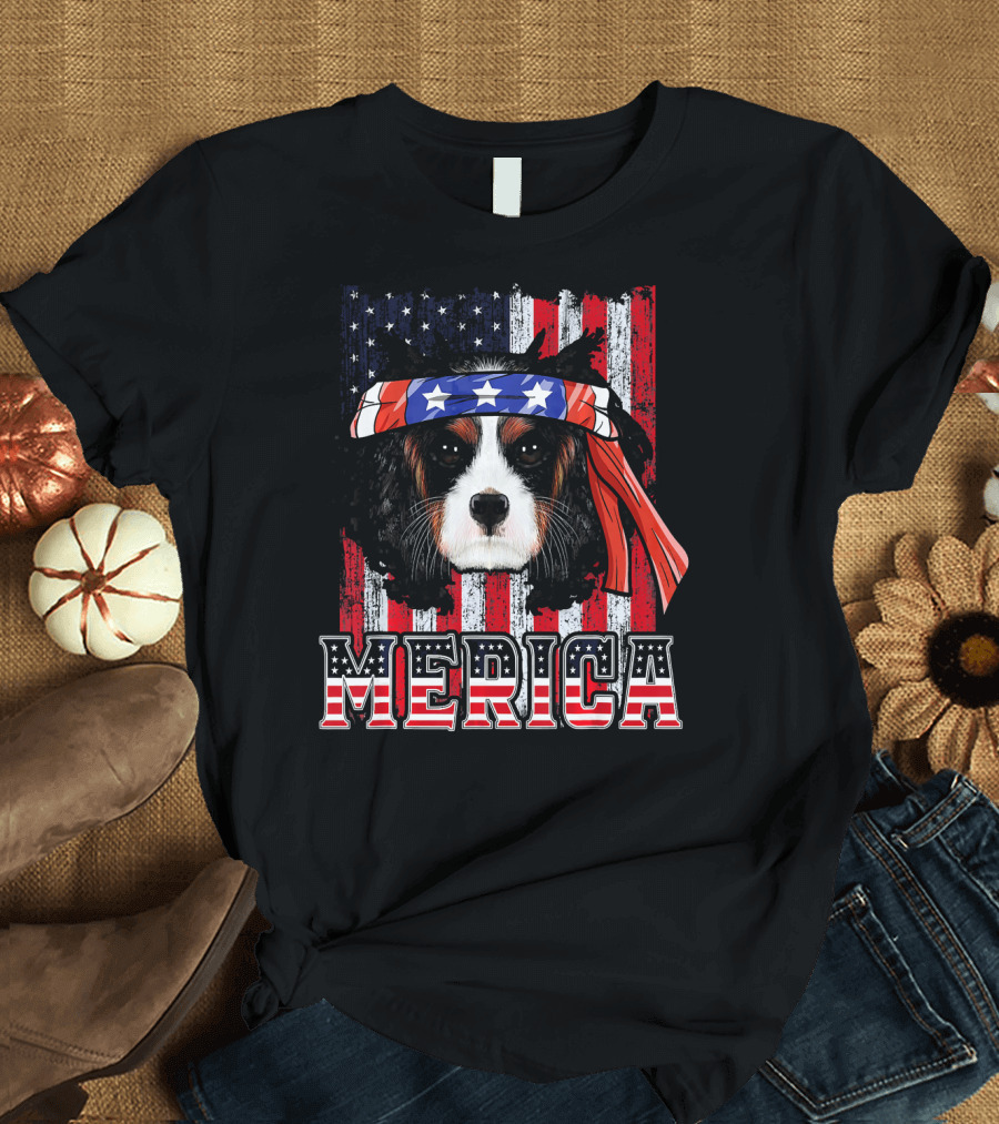 Merica Cavalier King Charles Spaniel with Stars and Stripes Bandana T-Shirt