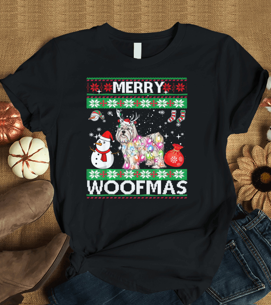 Merry Woofmas Christmas Lights Maltese Snowman Reindeer Antlers T-Shirt