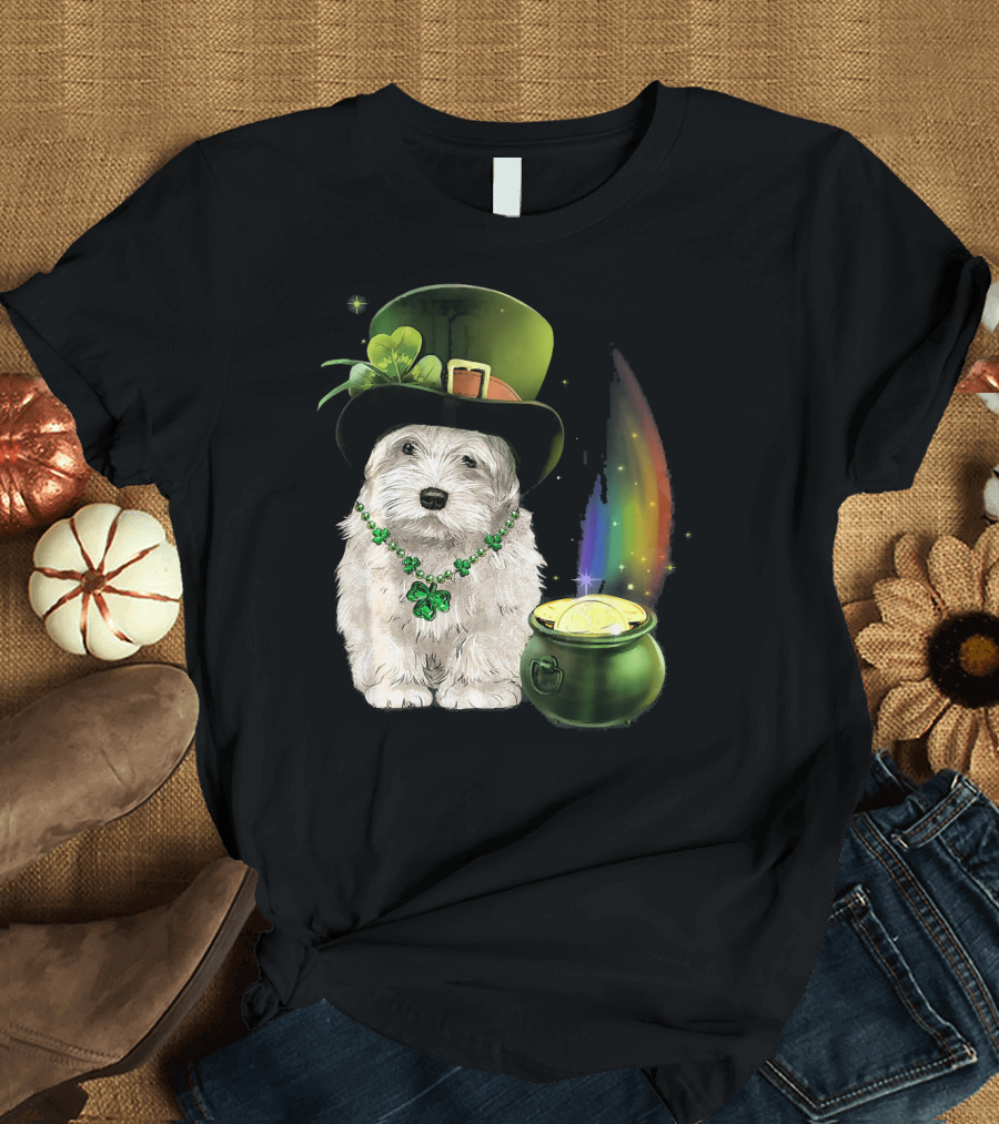 Leprechaun Hat Maltese with Clover Necklace and Pot of Gold Rainbow T-Shirt