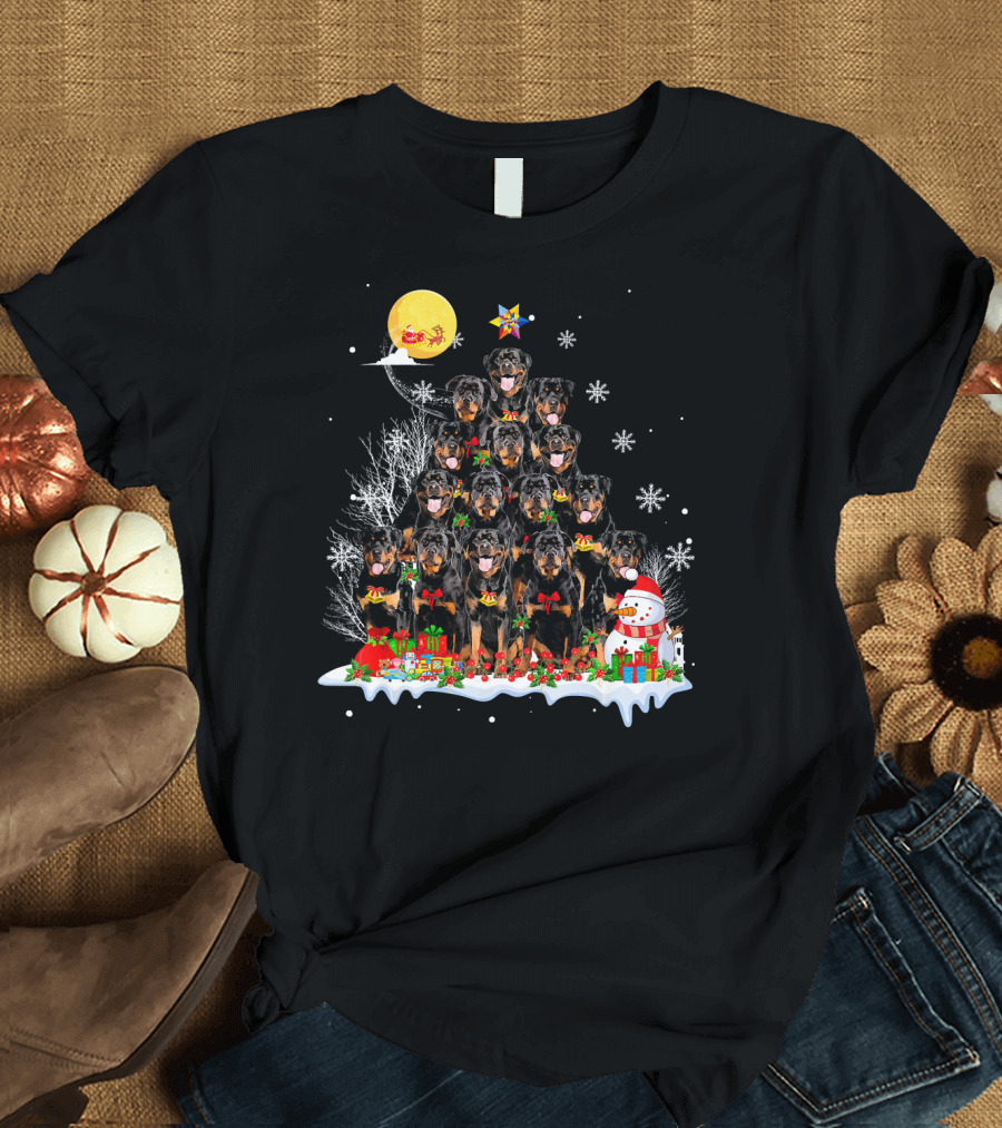 Rottweiler Dog Reindeer Pine Christmas Tree Snow Santa Moon T-Shirt