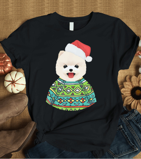 T-Shirt: Santa Hat Christmas Pomeranian in Festive T-Shirt Santa Hat Christmas Pomeranian in Festive T-Shirt