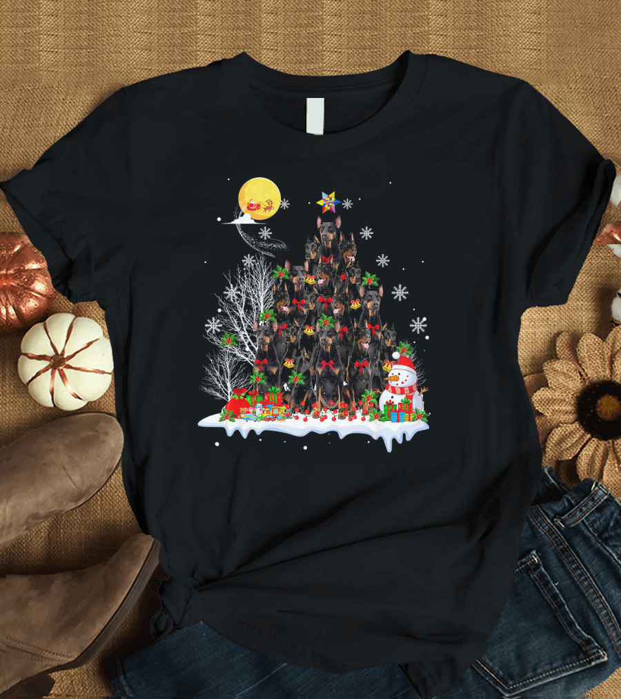 Doberman Pinscher Dog Christmas Reindeer Snowman Pine Tree Santa Sleigh Snowflakes T-Shirt