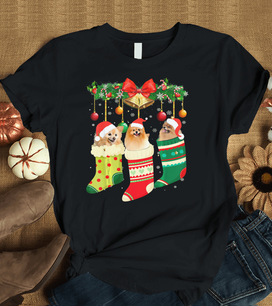 Pomeranians in Christmas Stockings with Santa Hats and Festive Decorations T-Shirt
