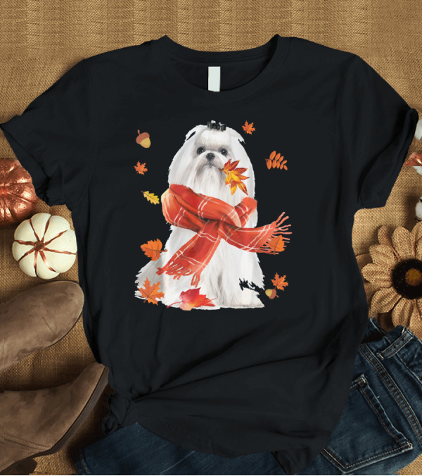 T-Shirt: Cute Maltese Dog with Autumn Leaves and Scarf T-Shirt Cute Maltese Dog with Autumn Leaves and Scarf T-Shirt