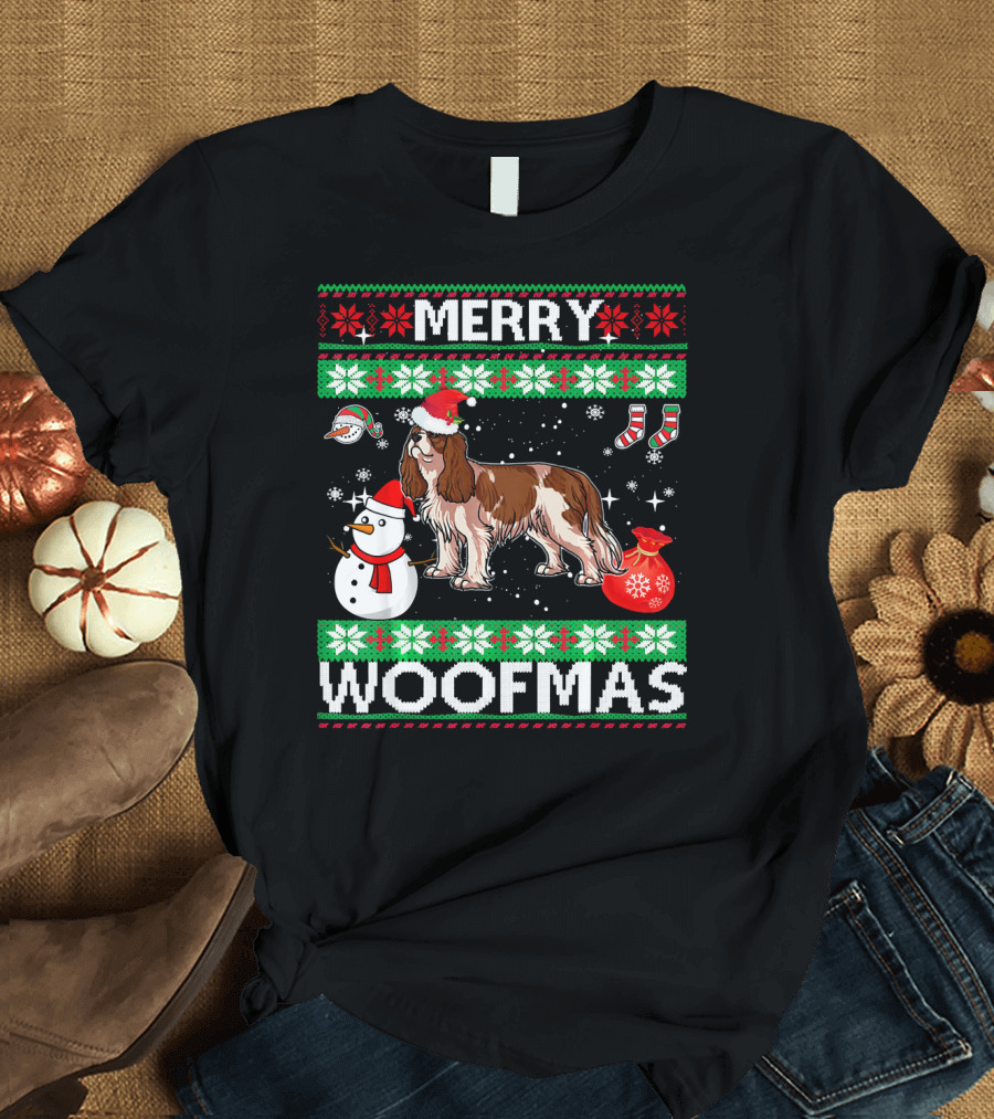 Cavalier King Charles Spaniel Merry Woofmas Snowman Santa Hat Holiday Socks T-Shirt