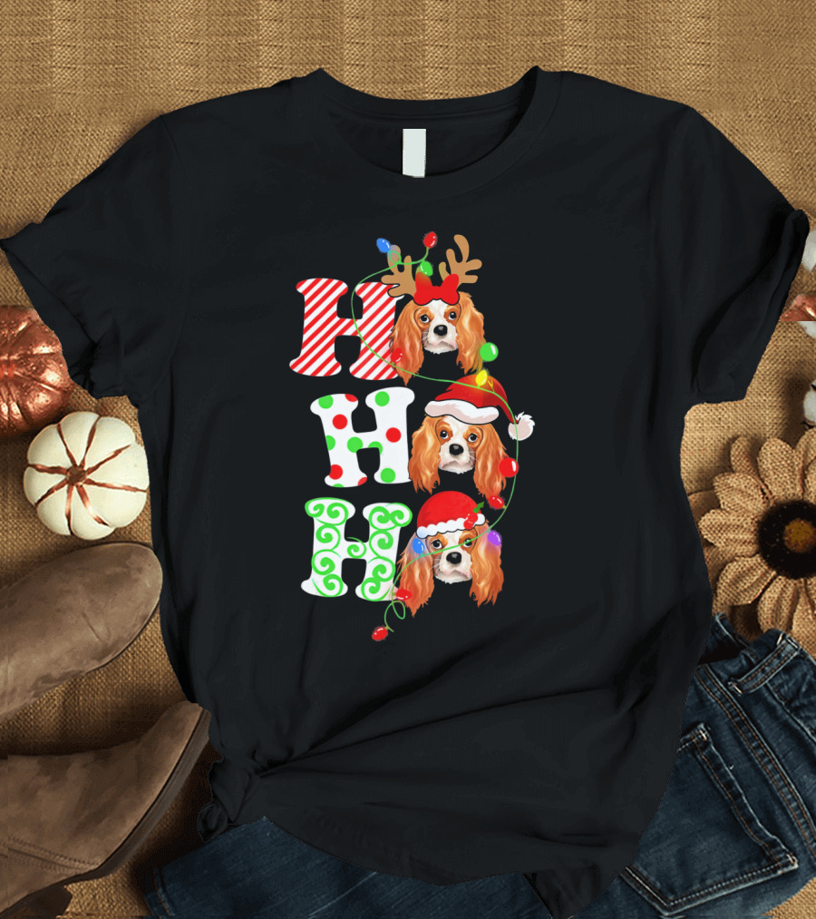 Cavalier King Charles Spaniel Ho Ho Ho Christmas Lights T-Shirt