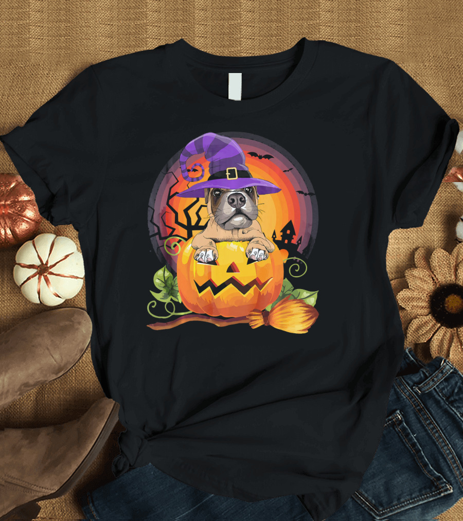 Boxer Dog in Witch Hat with Pumpkin Halloween Scene T-Shirt