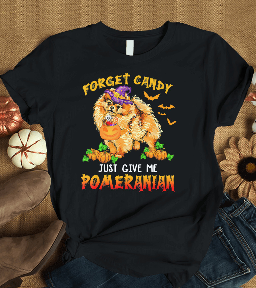 Forget Candy Just Give Me Pomeranian Halloween Fun with Pumpkins and Bats T-Shirt
