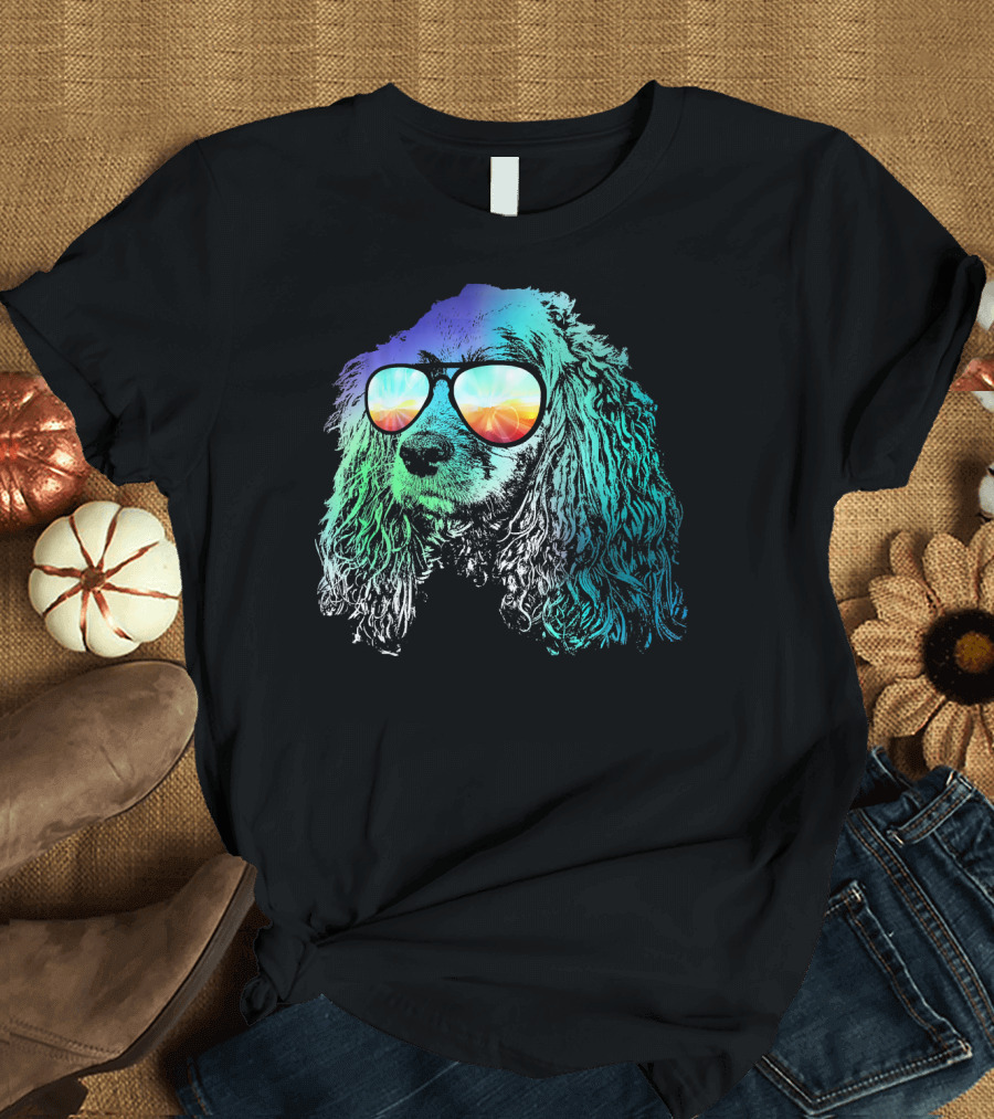 Cocker Spaniel Neon Dog with Sunglasses Retro Rainbow Reflection T-Shirt