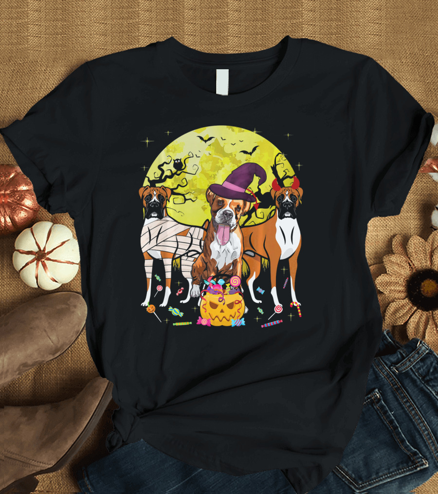 Halloween Boxer Dogs in Witch Hat and Mummy Costume with Candy T-Shirt