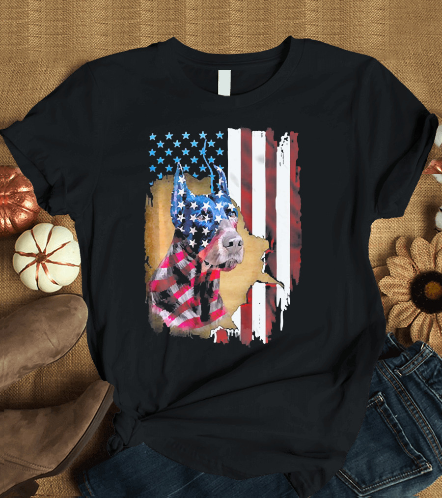 Doberman Pinscher Blended with American Flag Stars and Stripes US T-Shirt