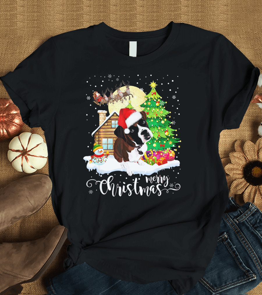 Merry Christmas Boxer Dog with Santa Hat and Festive Cabin Scene T-Shirt