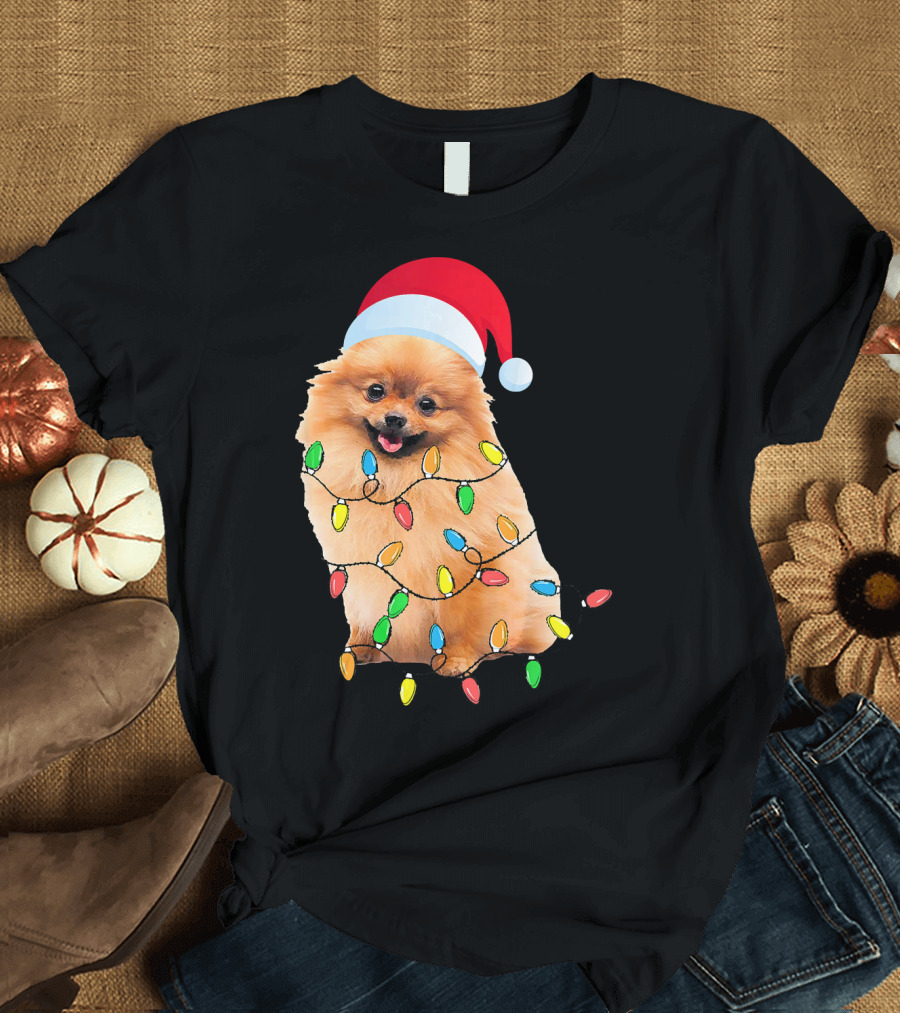 Christmas Pomeranian with Santa Hat and Holiday Lights T-Shirt