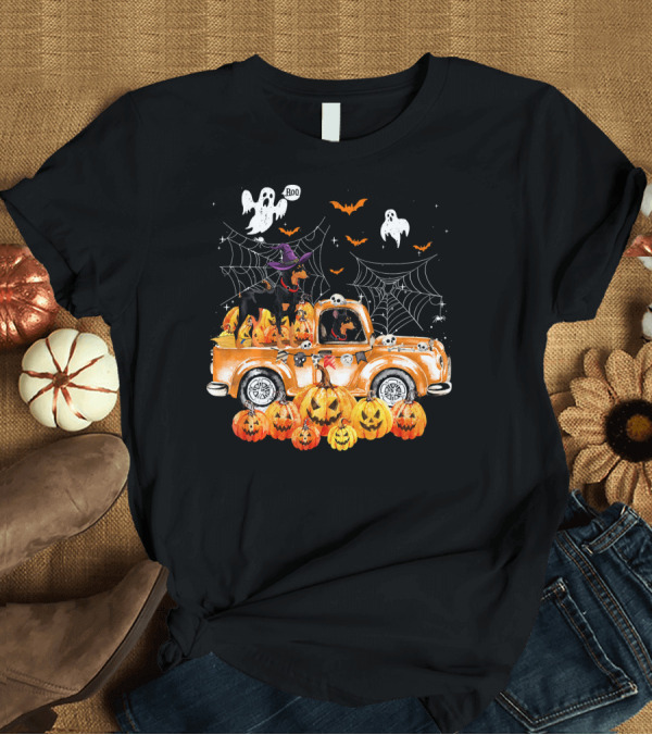 T-Shirt: Doberman Witch Hat Halloween Ghosts Pumpkins Truck Autumn Spooky Webs T-Shirt Doberman Witch Hat Halloween Ghosts Pumpkins Truck Autumn Spooky Webs T-Shirt
