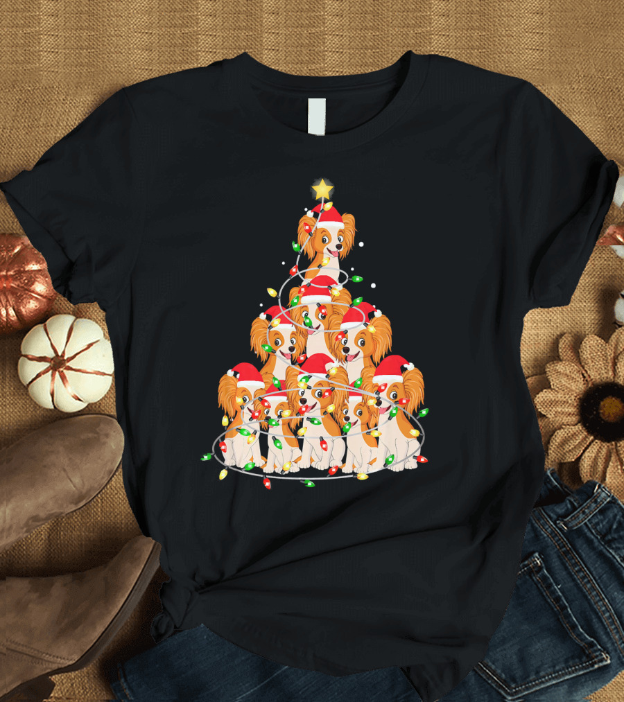 Papillon Dogs in Santa Hats Forming Christmas Tree with Lights T-Shirt