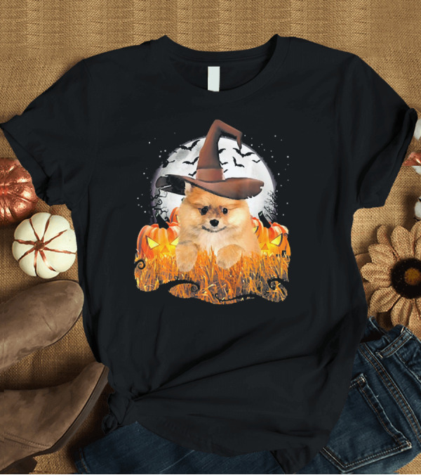 T-Shirt: Cute Gold Pomeranian Dog Witch with Jack-o'-Lanterns and Full Moon T-Shirt Cute Gold Pomeranian Dog Witch with Jack-o'-Lanterns and Full Moon T-Shirt