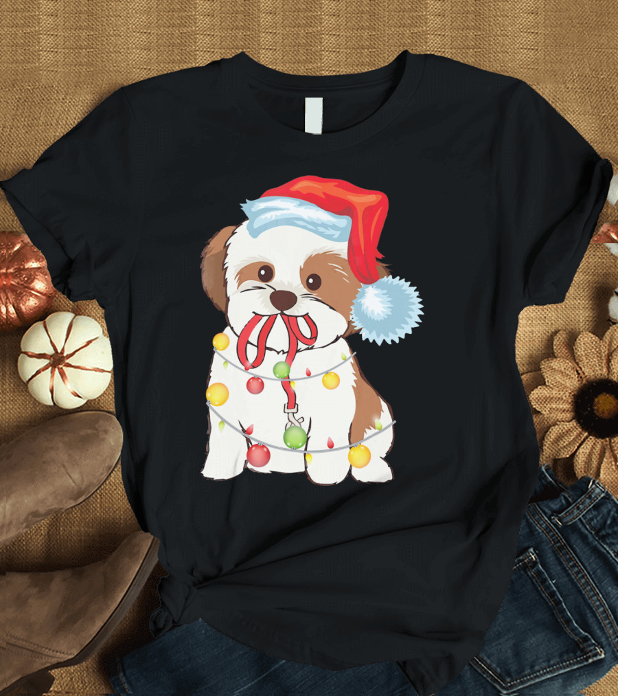 Shih Tzu Dog Wrapped in Christmas Lights Wearing Santa Hat T-Shirt