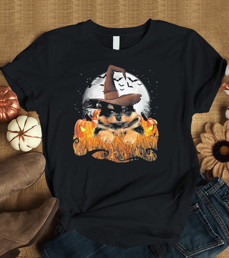 Cute Black Pomeranian Dog Witch on Halloween Pumpkin Patch with Full Moon T-Shirt