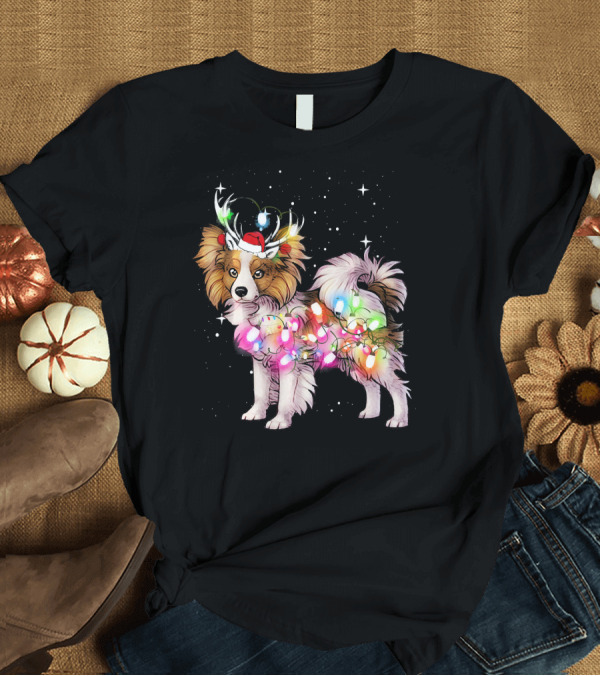 T-Shirt: Papillon Dog Wrapped in Christmas Lights with Santa Hat and Antlers T-Shirt Papillon Dog Wrapped in Christmas Lights with Santa Hat and Antlers T-Shirt