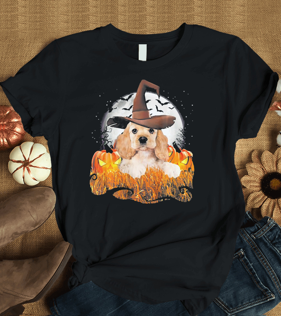 Cute Cocker Spaniel Dog Witch with Pumpkins and Full Moon T-Shirt