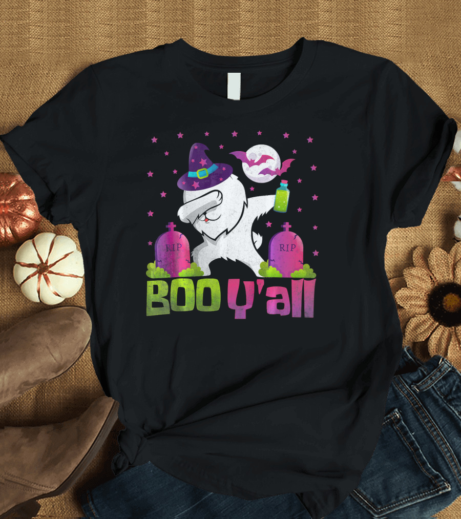 Boo Y'all Pomeranian Dog Witch Hat Gravestones Halloween T-Shirt