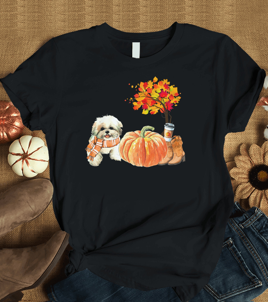 Cute Shih Tzu Scarf Autumn Pumpkin Spice Latte Fall Scene T-Shirt