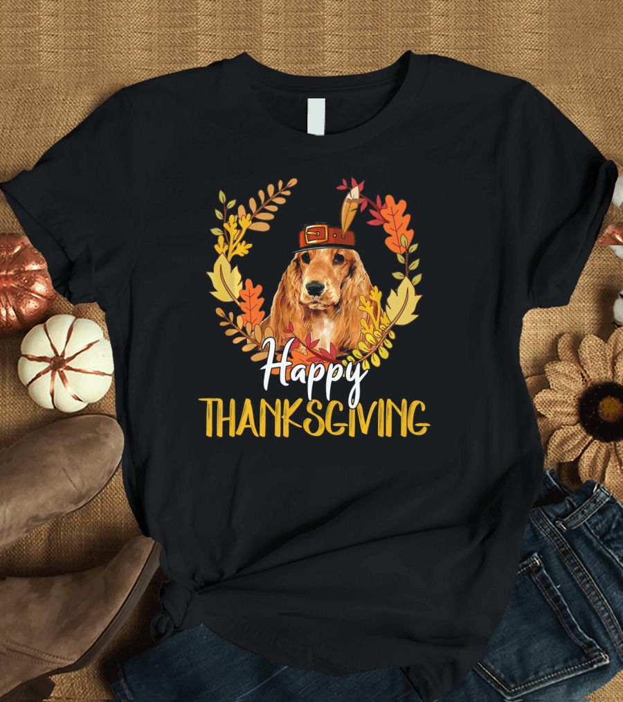 Happy Thanksgiving Cocker Spaniel Pilgrim Hat Autumn Leaves T-Shirt